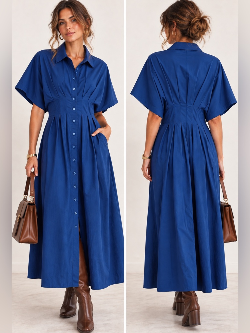 EXQUISE Women’s Blue Maxi Flowy Old Money Luxury Button Front Dress Size Large